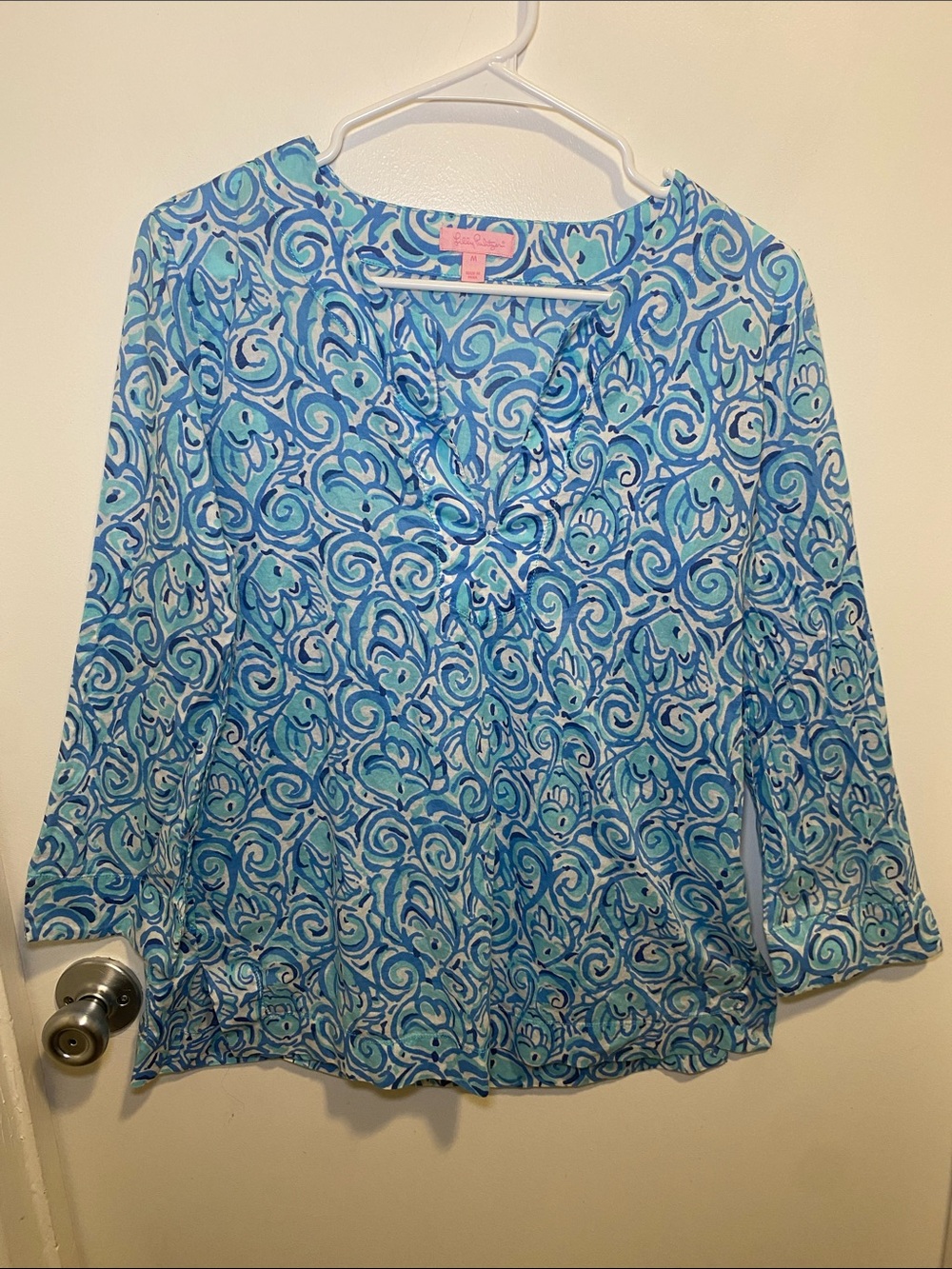Lilly Pulitzer Turquoise & Navy Swirl V-Neck Blouse